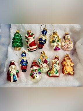 Vintage 1990s Figural Glass Christmas Ornaments Lot of 11 Santa Snowmen and more